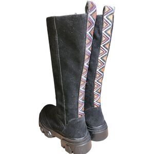 Farm Rio NWOT Embroidered Black Suede Lugged Sole Tall Riding Boots Size 6.5
